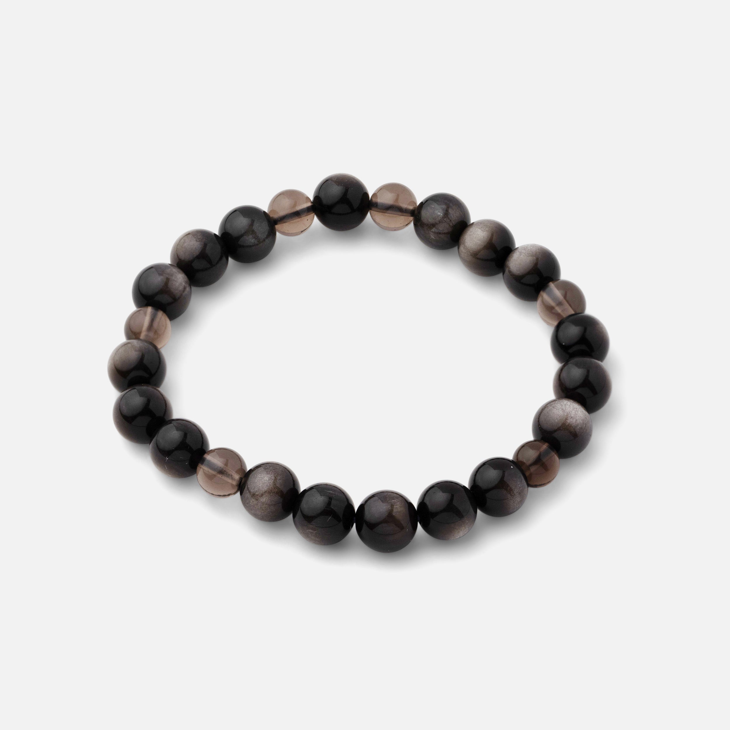 Bracelet with natural black silver sheen obsidian gemstone beads paired with clear dark brown smoky quartz, offering a bold and resilient look. Suitable for wearing alone or layered with other silver pieces.