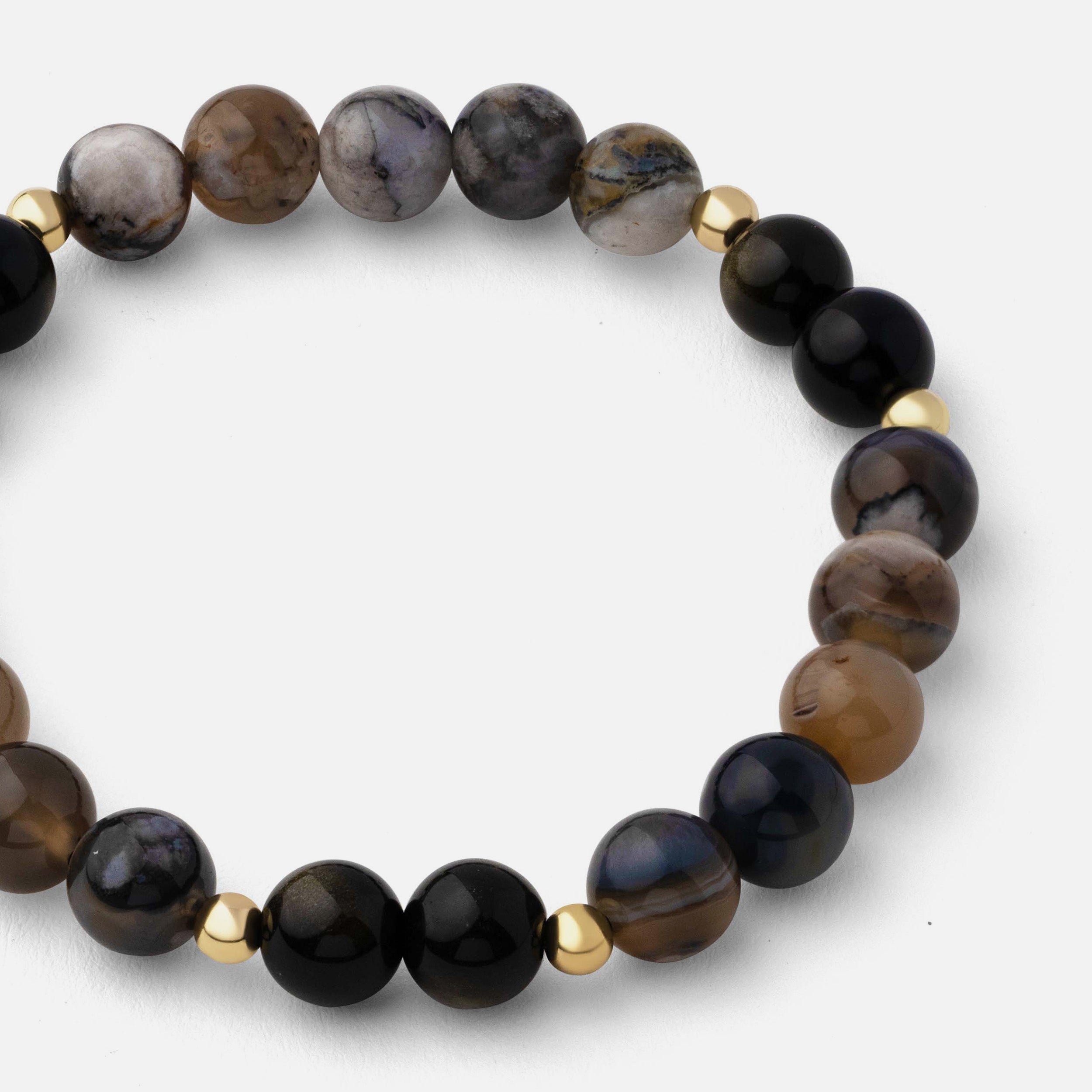 Close-up of a necklace with black flower agate and natural black obsidian with gold specks, highlighting the delicate and fresh quality, ideal for day-to-night wear.