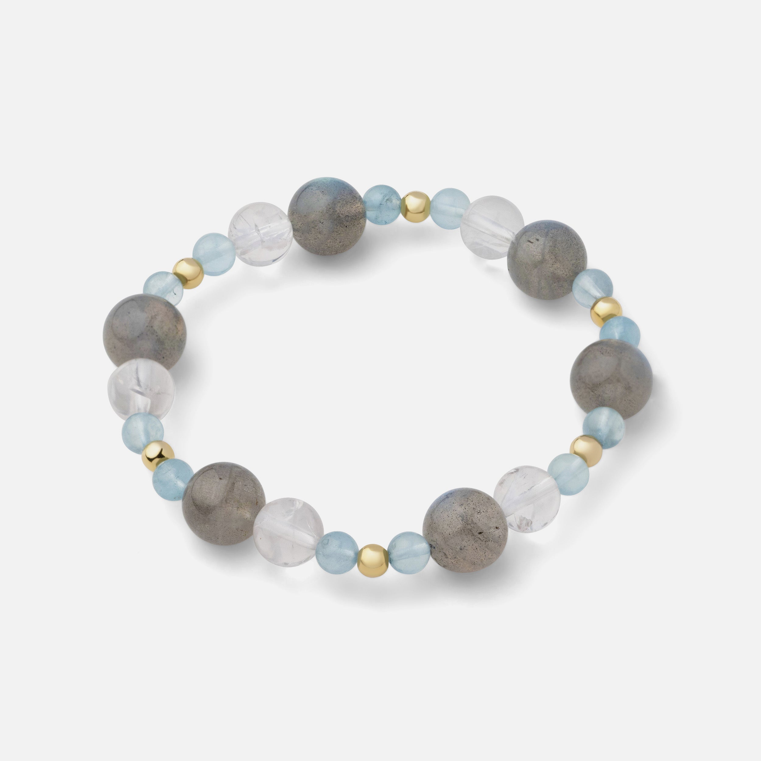 Elegant gemstone necklace featuring labradorite with luminous flashes from dark to light tones, clear blue aquamarine, and clear quartz. This versatile and powerful piece is perfect for any season.