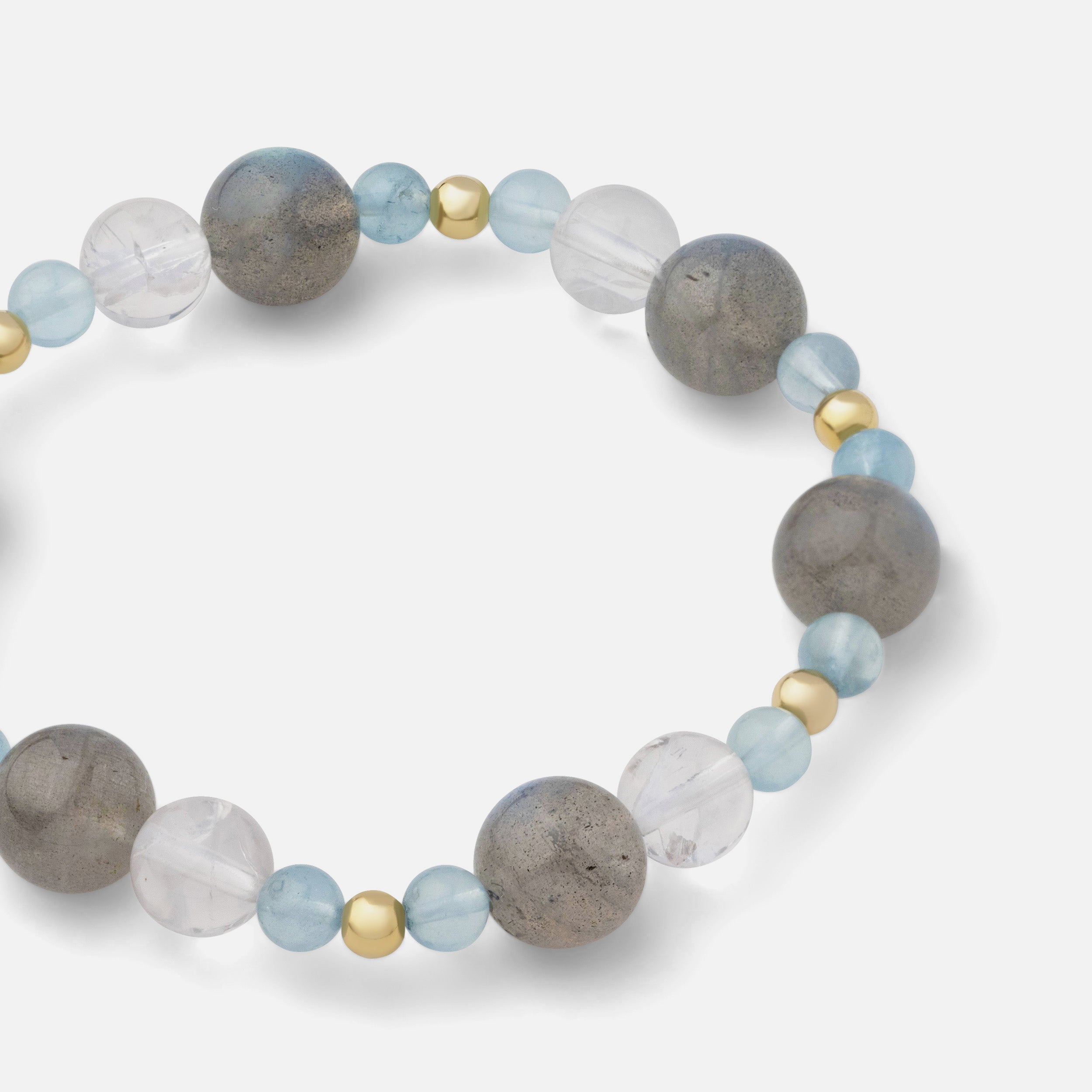 Close-up of a gemstone necklace showing the luminous flashes of labradorite from dark to light tones, paired with clear blue aquamarine and clear quartz, ideal for any season.