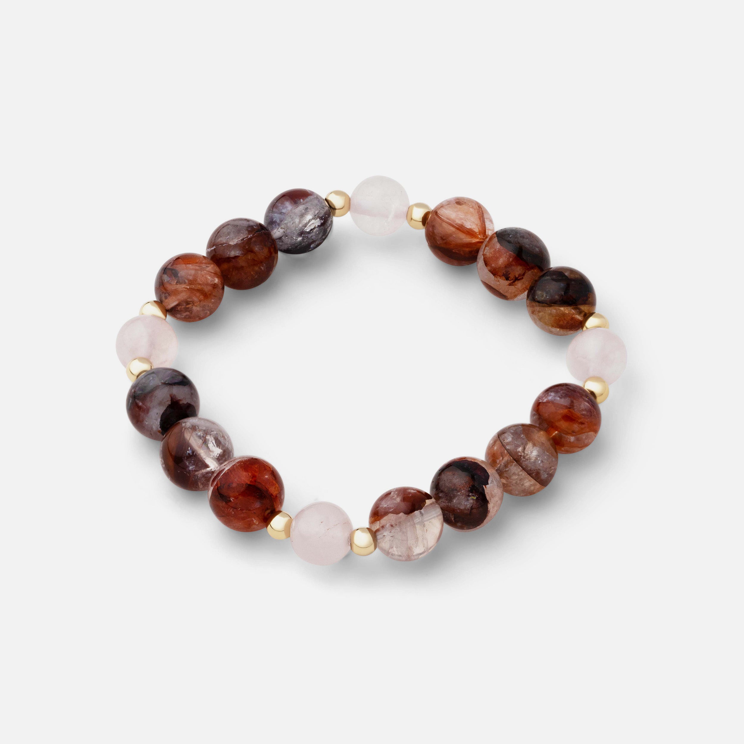 Bracelet featuring stunning red, orange, and pink natural inclusions of fire quartz combined with translucent pale pink rose quartz, perfect for dazzling on special occasions.