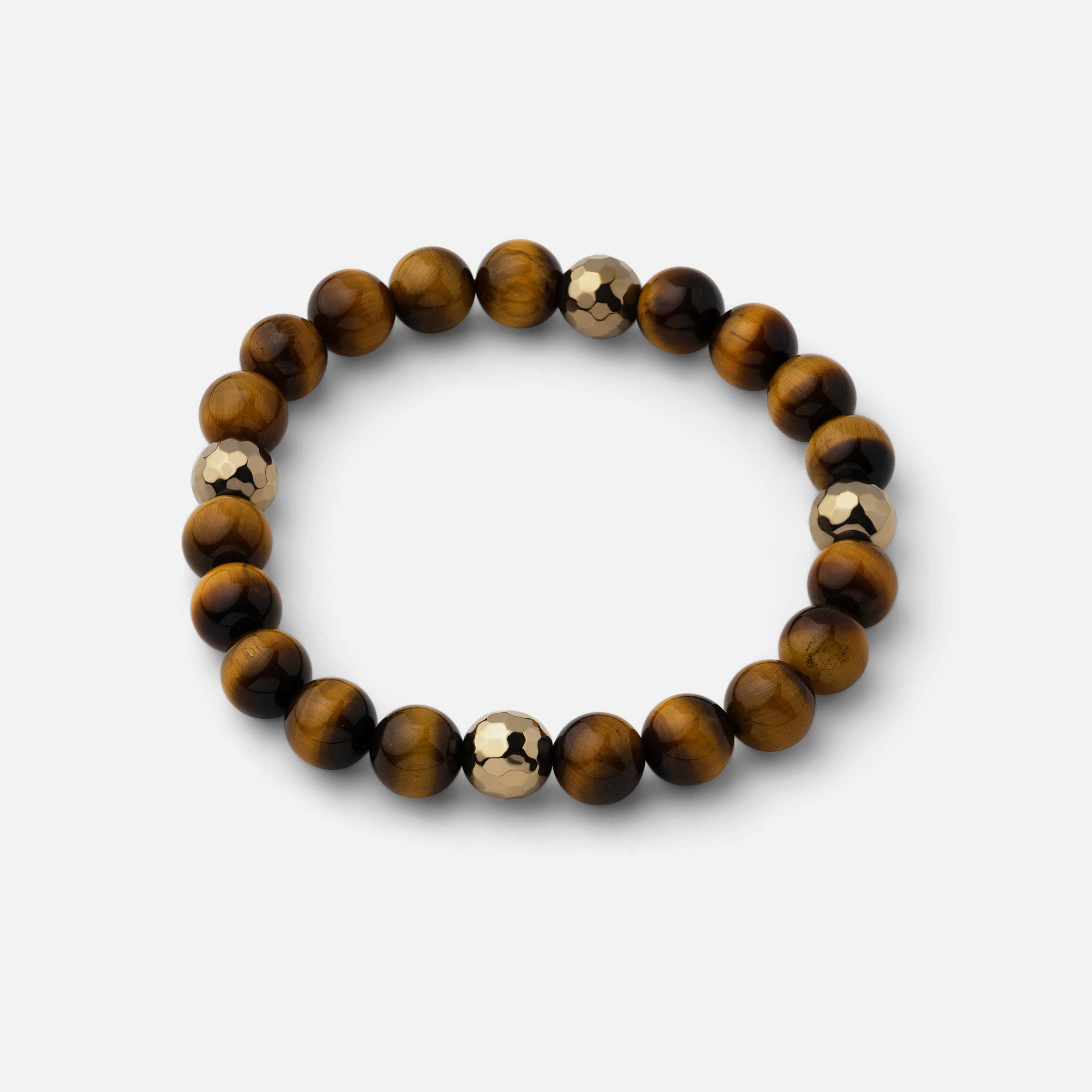 Bracelet with reddish-brown tiger eye, natural black obsidian gemstone beads, and metallic pyrite, creating a powerful and resilient look with a silky luster.