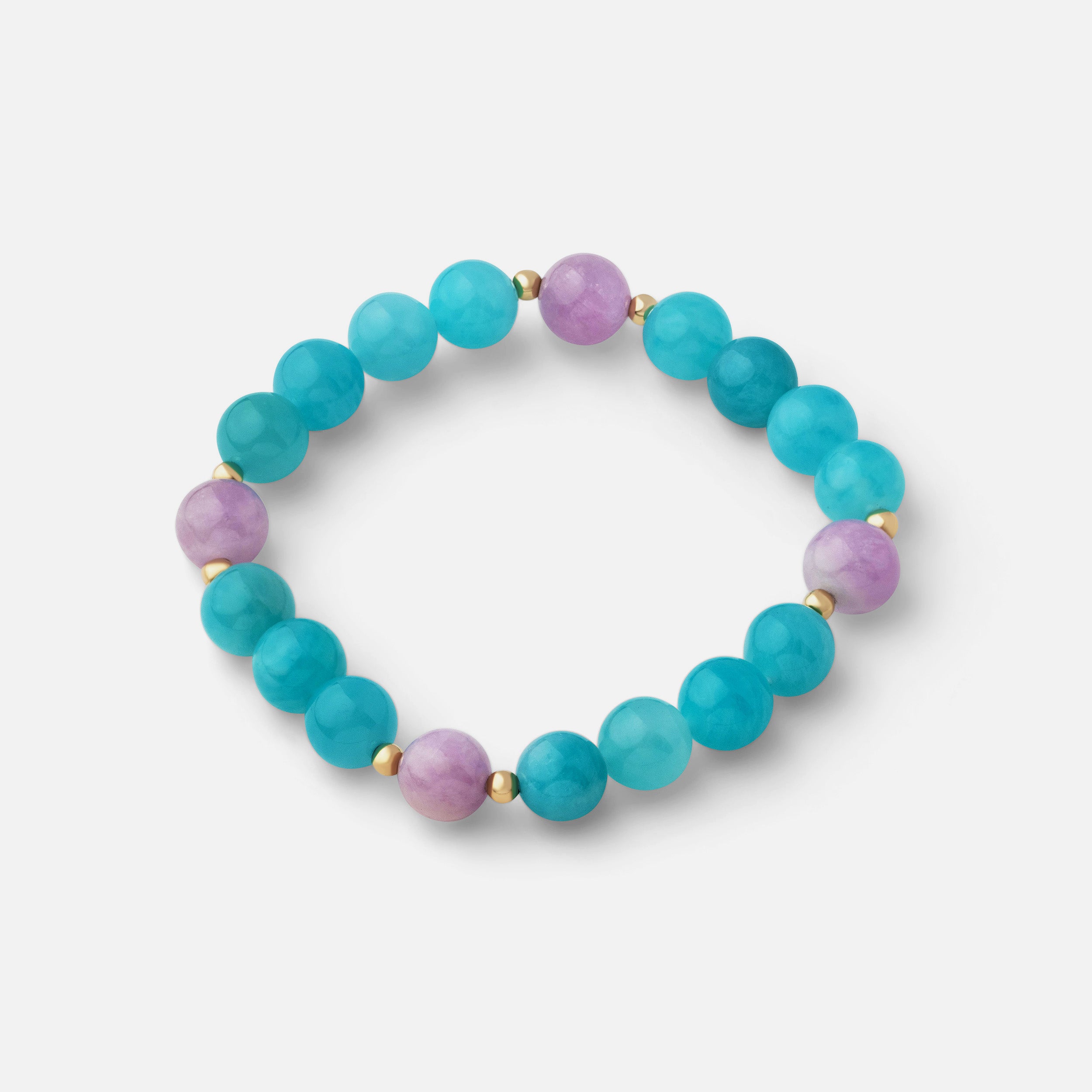 Bracelet featuring stunning ocean blue ice amazonite paired with pale pink and lavender kunzite, perfect for vacation-ready styles. Can be worn alone or stacked with other gold pieces.