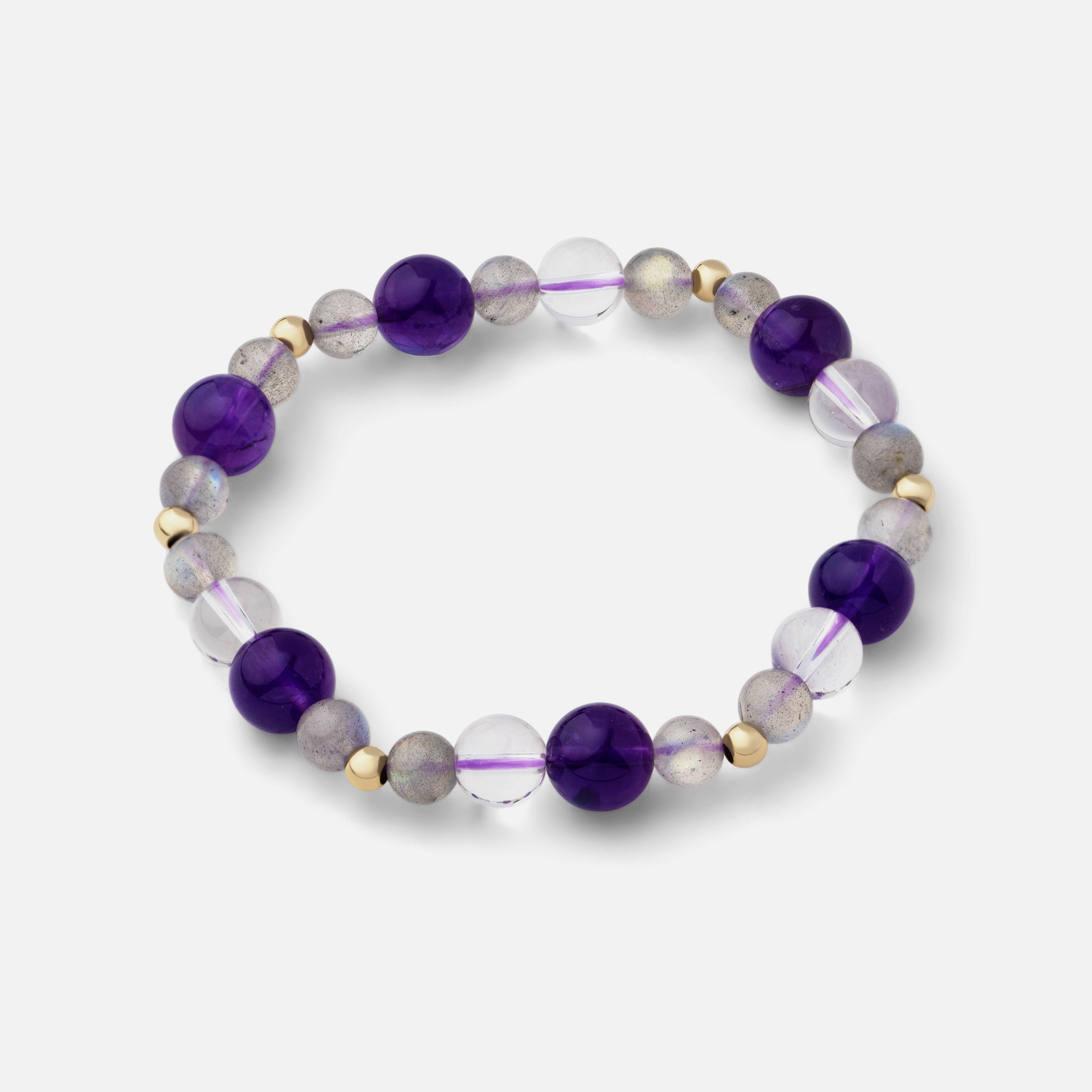 Luminous bracelet with labradorite showing flashes from dark to light tones, paired with deep purple amethyst and clear quartz gemstones, creating a powerful and versatile piece for any season.