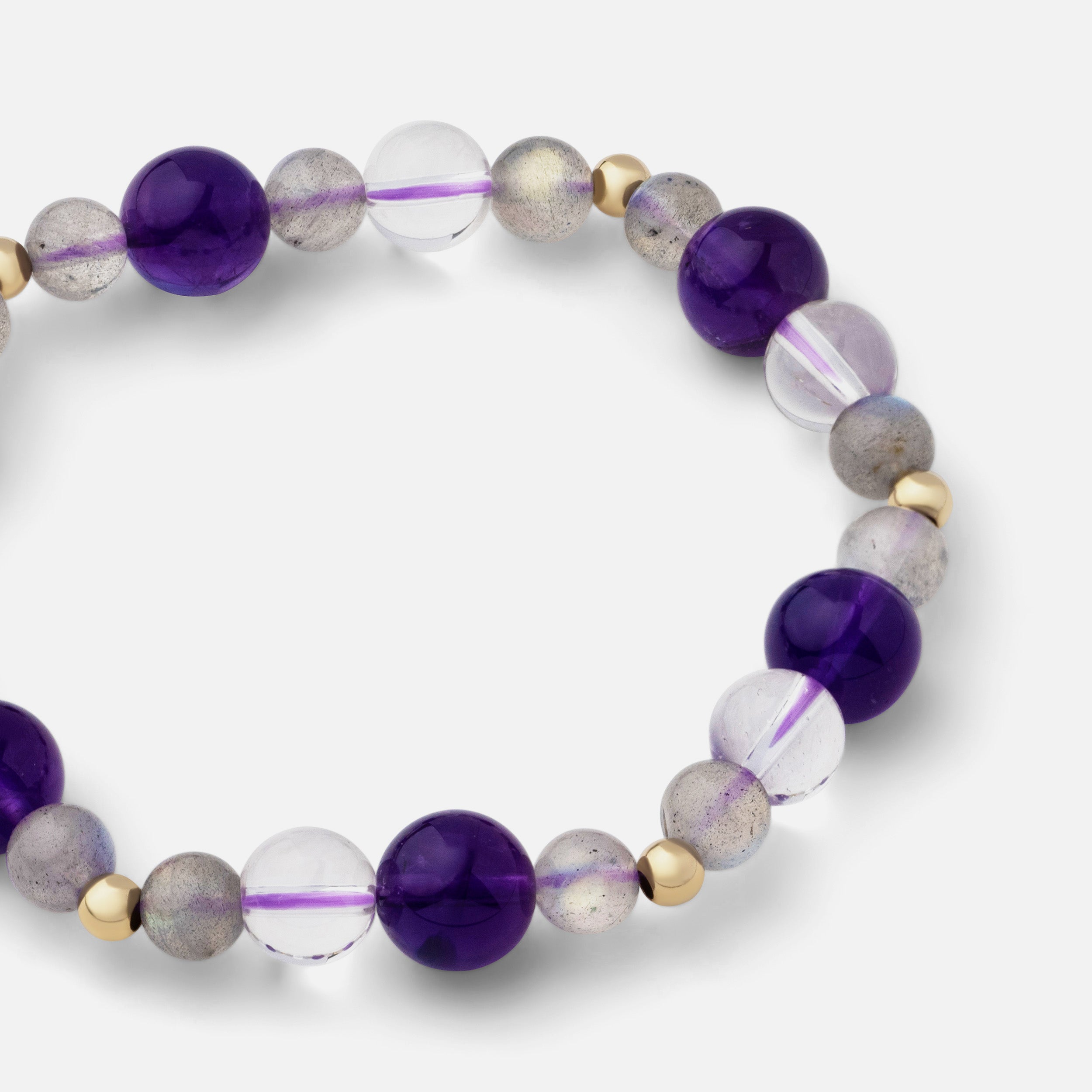 Close-up of a luminous bracelet featuring labradorite with flashes from dark to light tones, deep purple amethyst, and clear quartz gemstones, illustrating a powerful and versatile style suitable for any season.