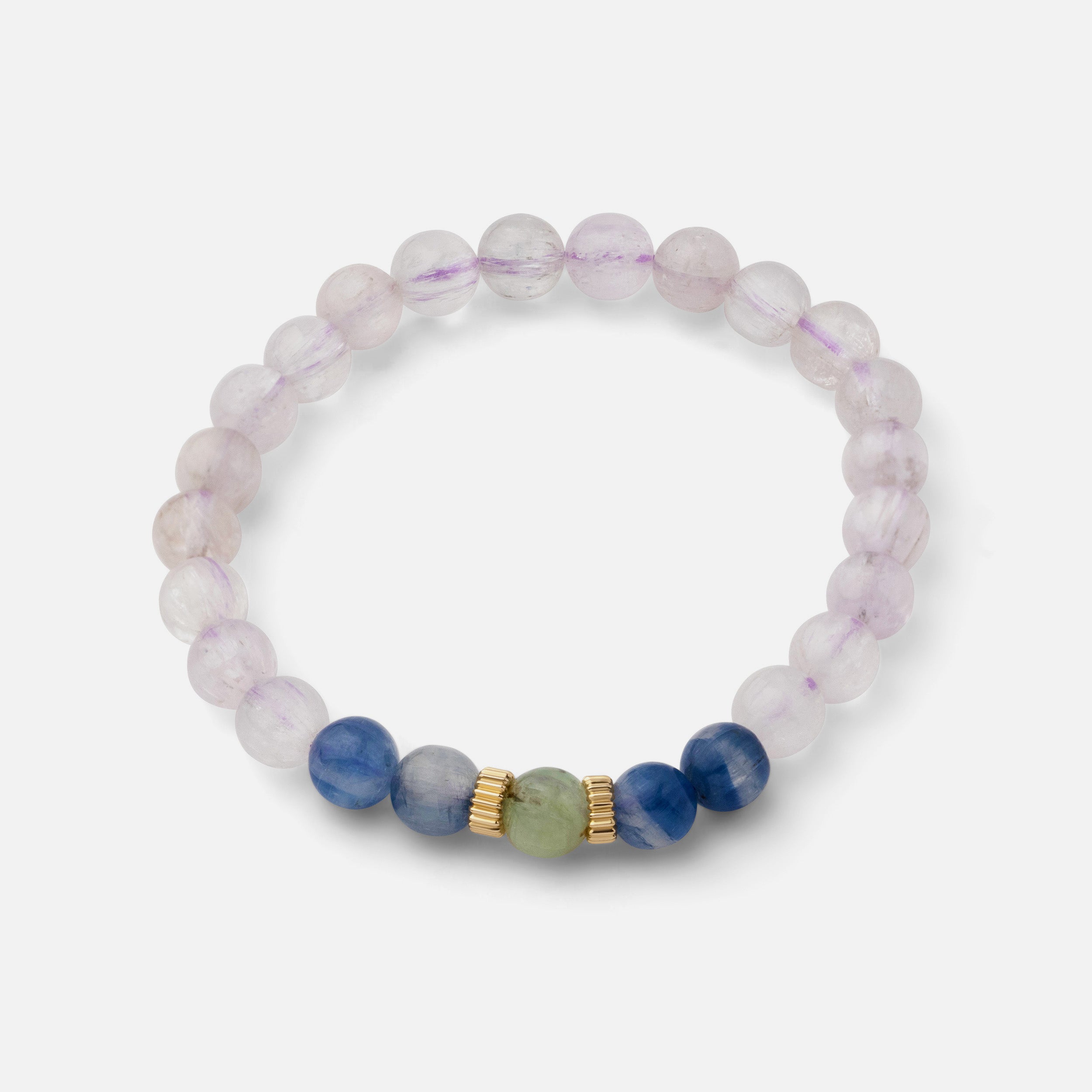 Elegant bracelet featuring natural lines on cat eye kunzite gemstones, paired with rare blue and green kyanite, creating a lustrous piece perfect for special occasions.