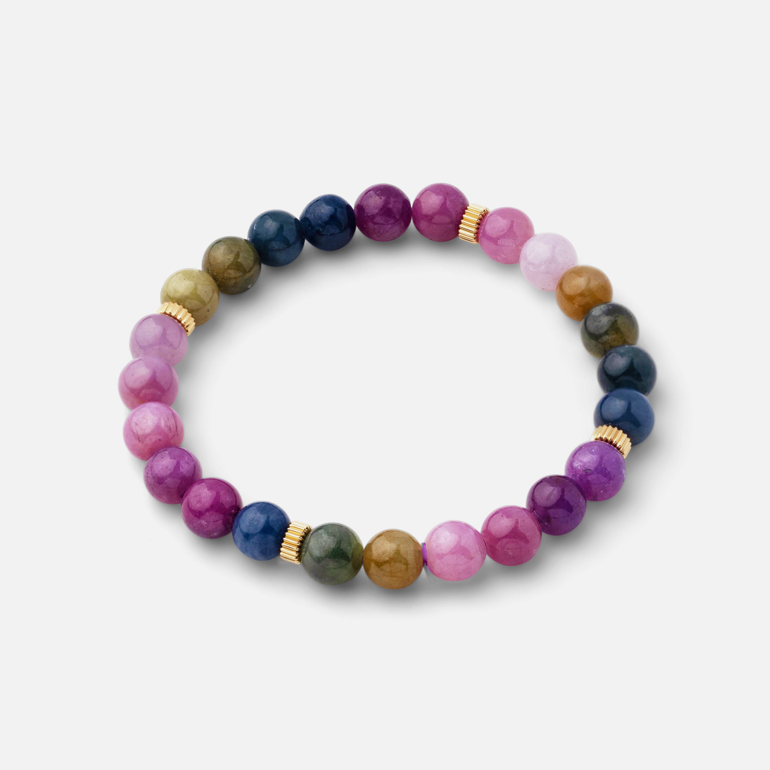 Bracelet featuring colorful shades of tourmaline beads ranging from pink to green, adding fun to any look. Perfect for wearing solo or stacked with other bracelets.