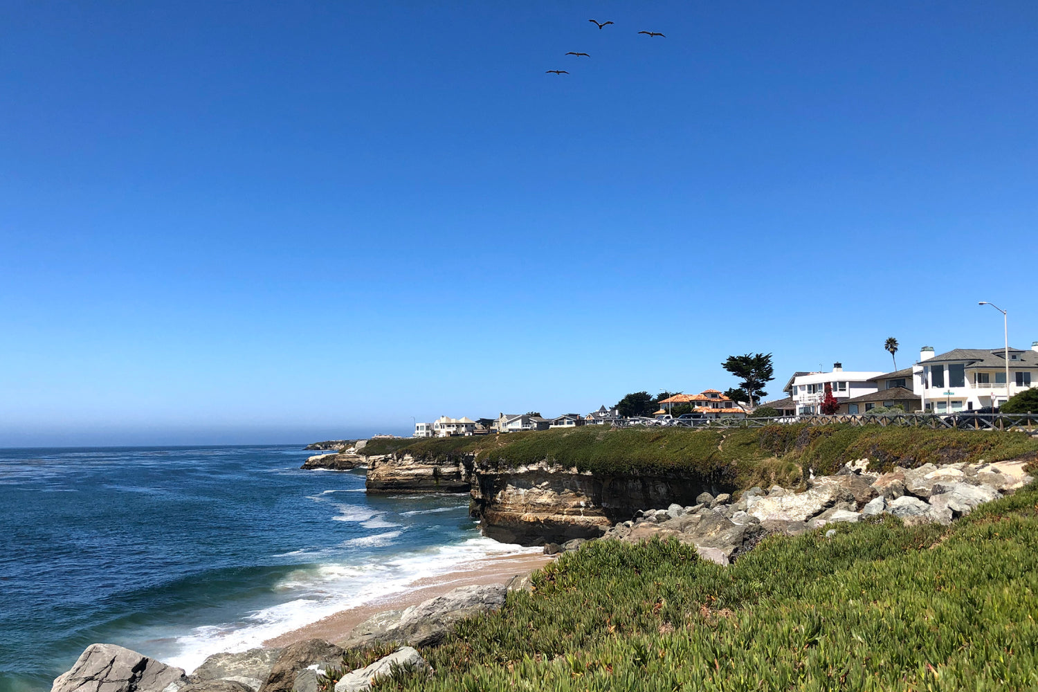 Coastal view with rocky cliffs, ocean waves, and a clear blue sky. Houses are visible along the cliffside, and a flock of birds is flying in the sky.