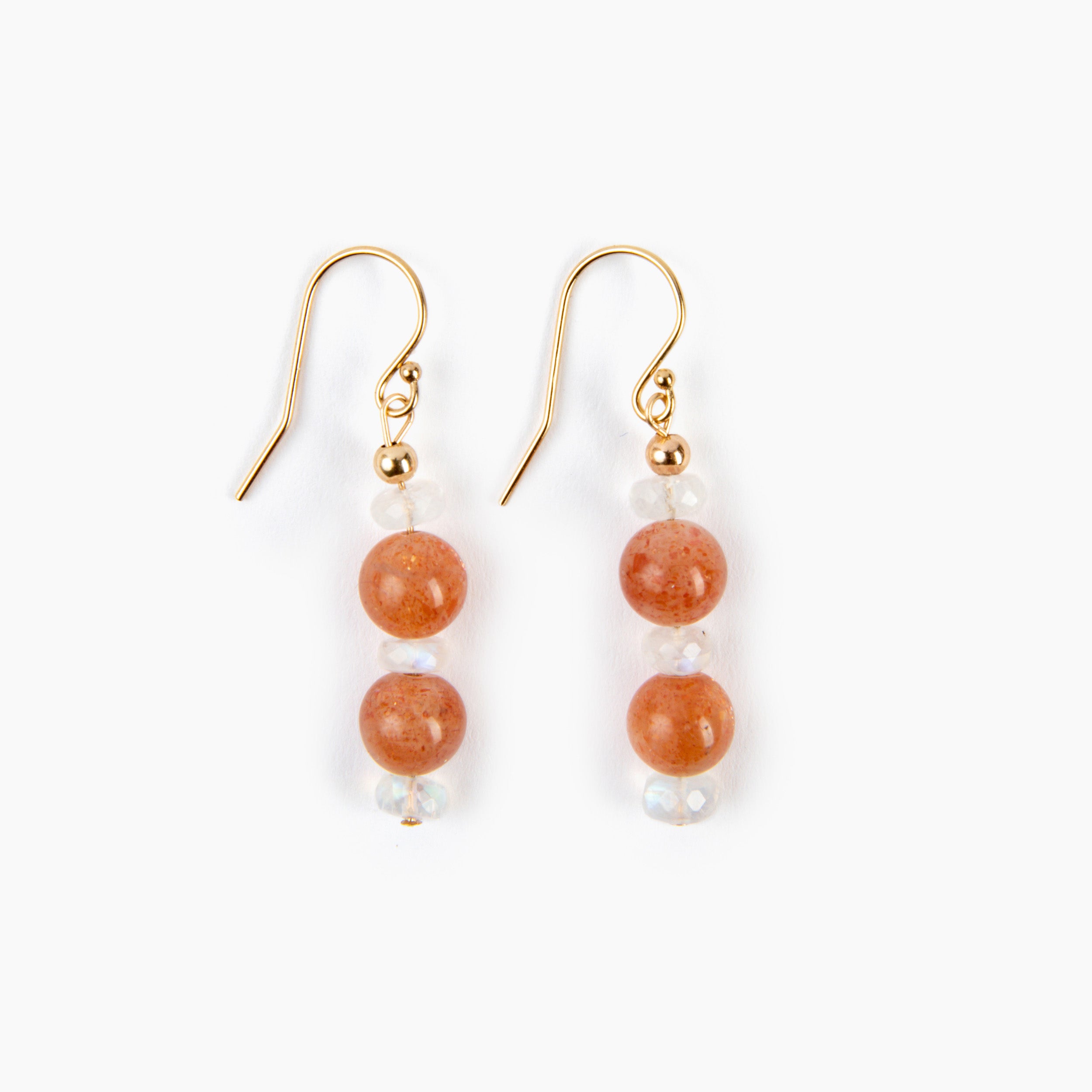 Chic drop earrings featuring gorgeous sunstone paired with flashy moonstone, perfect for any occasion.